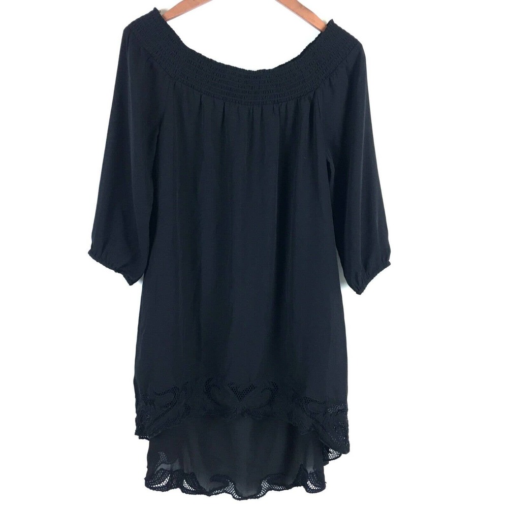 Chicos Dress 0 Black 3/4 Sleeve Off The Shoulder Chiffon Lined Hi-Low Size Small